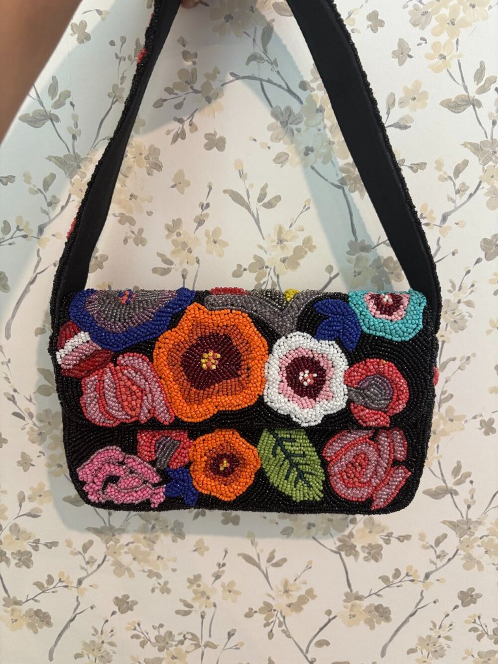 Hand Beaded Floral Shoulder Bag | Colorful Flower Purse (8.5"x5.5")